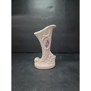 Lenox Style Cornucopia Bud Vase, 6" Hand Painted, Rose Floral Cream Vase, Vtg